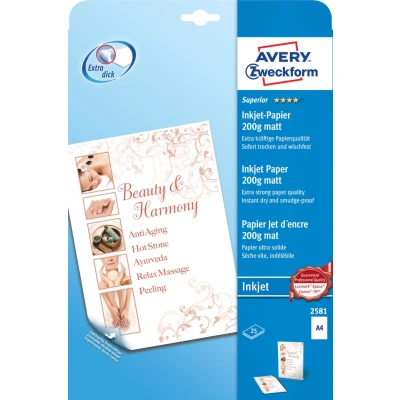 Abbildung von AVERY Zweckform 2581 Superior Inkjet Papier (25 Blatt, 200 g/m², DIN A4 Papier, beidseitig beschichtet, matt, FSC, Tintenstrahldrucker, Druck mit idealer Farbwiedergabe, sofort trocken &amp; wischfest)