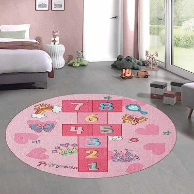 Abbildung von CARPETIA Hüpfkästchen Kinder Spielteppich mit Herzen Krone &amp; Prinzessinnen Burg in rosa, 200 cm rund
