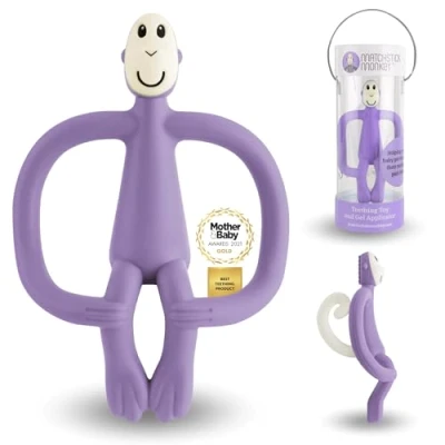 Abbildung von Matchstick Monkey Beißring Affe Original Baby Zahnungshilfe weiche Noppen massieren wundes Zahnfleisch Silikon BPA frei Greifling für Zahnen ab 3 Monaten lila