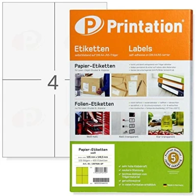 Abbildung von Printation Universal Etiketten 105 x 148 mm, 400 Versandetiketten selbstklebend, 4 Selbstklebend A6 pro Blatt, 100 Blatt A4, Versand Aufkleber zum Bedrucken