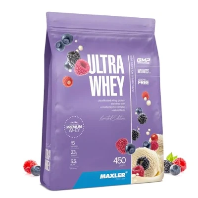 Abbildung von Maxler Ultra Whey Protein 23 g pro Portion Reines Pulver Molkenprotein Konzentrat, Isolat, Hydrolysat Mit BCAA Wildbeeren Eis 450g