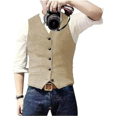 Abbildung von Solovedress Herren Casual Wolle Fischgrätmuster Anzug Weste V Ausschnitt Tweed für Hochzeit Groomsmen(Champagner,XXXL