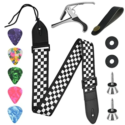 Abbildung von DIKEBAO Gitarrengurt Baumwolle Gitarre Gurt Verstellbarer 80 137cm Gitarren Gurtband +Gitarre Halsband+2 Gurtpin+Kapodaster+5 Gitarrenplektren für E Westerngitarre Bass