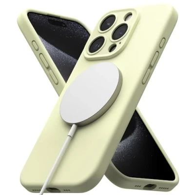 Abbildung von Ringke Magnetic Case Kompatibel mit iPhone 15 Pro Max Hülle 6,7 Zoll MagSafe [Silicone Magnetic] Kameraschutz und Weiches Gefühl Silikon Magnetische Handyhülle Sunny Lime