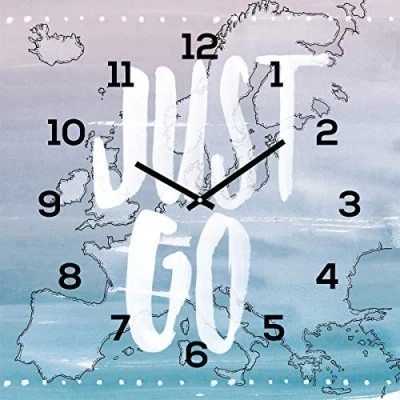 Abbildung von levandeo Wanduhr Glas 30x30cm Glasuhr Uhr Glasbild Travel Just Go Urlaub Europa Reisen Holidays Urlaubsreif Wanddeko Wandbild