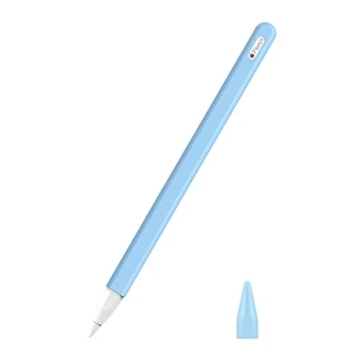 Abbildung von MoKo Hülle Kompatibel mit Apple Pencil Pro/Apple 2. Generation, 【2 Stück】 1 Stifthülle &amp; Spitzehülle Magnetisch Aufladung Doppelklick Touch Funktion Ausziehbar Schutzhülle, Himmelblau