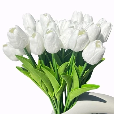 Abbildung von Awtlife 24 pcs Artificial Flowers Fake Flower Tulip Latex Real Touch for DIY Bouquets Wedding Party Bridal Baby Shower Home Decor White