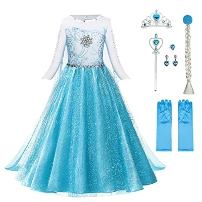 Abbildung von URAQT Mädchen Prinzessin Kostüm, Kinder Kleid 6 teiliges Set mit Krone Diadem Handschuhe Zauberstab usw für Weihnachten Verkleidung Karneval Halloween,100CM