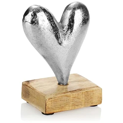 Abbildung von com four® Premium Deko Aufsteller Herz Metall auf Sockel aus Mangoholz zum Hinstellen Herzdeko Verschenken (Herz Größe S)