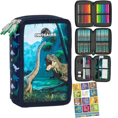 Abbildung von GOLDKIDS Federmäppchen 3 Fächer Mäppchen für Mädchen und Jungen , (Federmappe Fach Federtasche, 1 tlg., Gefüllte Schüleretui 44 teilig), Schulmäppchen Hausaufgabenheft Dinosaurier Motiv