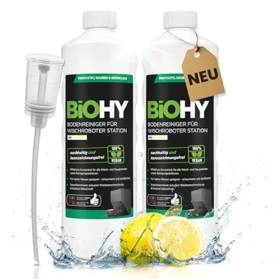 Abbildung von BiOHY Bodenreiniger für Wischroboter Station mit Frischeduft (2 x 1 liter) + Dosierer Reinigungsmittel Konzentrat alle Wisch &amp; Saugroboter Nass Funktion Schaumarm Streifenfrei