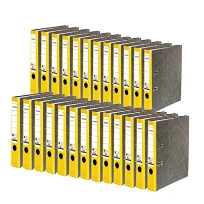Abbildung von Original Falken 25er Pack Recycling Ordner Wolkenmarmor. Made in Germany. 5 cm schmal DIN A4 gelber Rücken Ringordner Aktenordner Briefordner Büroordner Pappordner CO2 Neutral Blauer Engel