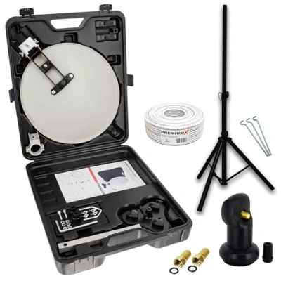 Abbildung von PremiumX Camping SAT Anlage Satelliten Schüssel Stativ Single LNB 10m Kabel 2X F Stecker kompakt im Koffer als ideales Camp Zubehör