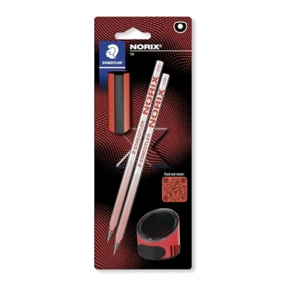 Abbildung von STAEDTLER NORIX 181 Bleistift, Made from Upcycled Wood, einzigartige Form, Blisterkarte koralle mit 2 Bleistiften HB, Radierer und Einzelspitzdose, SBK2