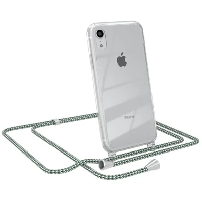 Abbildung von EAZY CASE Kette Schutzhülle kompatibel mit iPhone XR, Stoßfest Fallschutz Bumper Schutzhülle, Handy Straps, Silikonhülle, Handykette abnehmbar, Hell Grün Camouflage Clips Silber