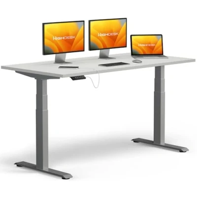 Abbildung von KRIEG HighDesk PRO Höhenverstellbarer Schreibtisch 200 x 80 cm I Silber + Weiß Elektrischer Sitz &amp; Stehtisch mit Tischplatte Stehschreibtisch Elektrisch Höhenverstellbar