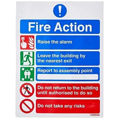 Abbildung von VSafety englisches Schild „Fire Action“, 5 Nachrichtenrisiken, Hochformat, 150 x 200 mm, selbstklebendes Vinyl