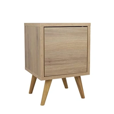 Abbildung von Nachtschrank Eiche mit Regal und Türen Kleiner Couchtisch Minimalistisch Beistelltisch Holz Seitenschrank Nachtkästchen auf Holzbeinen