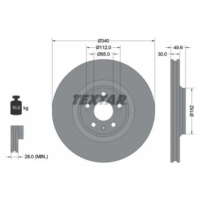 Abbildung von TEXTAR PRO+ 92160505 Bremsscheibe 340 30 05/06 112 innenbelüftet beschichtet hochgekohlt ohne Radbefestigungsbolzen, Radnabe AUDI: TT Coupe