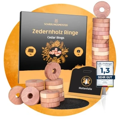 Abbildung von Panteer SCHÄDLINGSMEISTER Zedernholz Ringe 50 Stück + 1 Mottenfalle Kleidermotten Mottenschutz für Kleiderschrank Kleidermottenfalle Gegen Motten bekämpfen