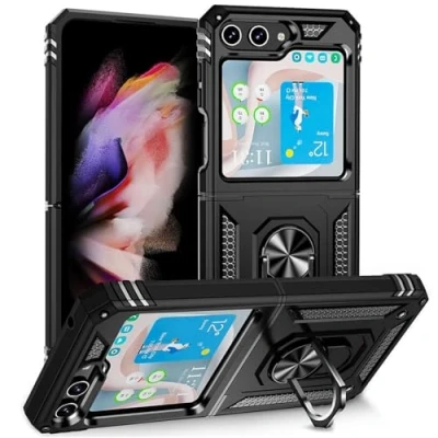 Abbildung von Verco Hybrid Armor Shield Case für Samsung Galaxy Z Flip 6 Hülle, extrem robust mit Magnet Fingerring Halter Handyhülle 5G Panzerhülle, Schwarz