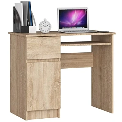 Abbildung von AKORD Piksel Schreibtisch Klein mit Schubladen Computertisch Bürotisch Tastaturablage Schublade und Fach Tür Holz Deko B90 x H77 T50 cm 30 kg Schrank Links Sonoma Eiche