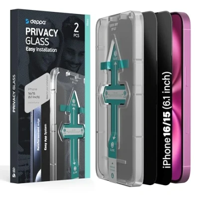 Abbildung von Deppa 2 Stück Sichtschutz für Iphone 15/Iphone 16 (6.1 Zoll) mit Schablone Privacy Anti Spy Glas, Folie, Schutzfolie, Schutzglas, Displayschutz, Sichtschutzfolie