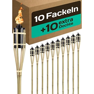 Abbildung von Praknu Gartenfackel 10 Gartenfackeln Draußen Natur Bambus 90 cm Fackeln für Garten, Feuer, Lange Brenndauer Mit Öl Nachfüllbar extra Dochte Party Deko