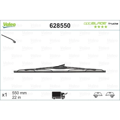 Abbildung von Scheibenwischer Valeo Optiblade Trucks 628550 550mm beidseitig Standard Hakenbefestigung FIAT: Ducato II Bus, VOLKSWAGEN: Transporter 5 Bus