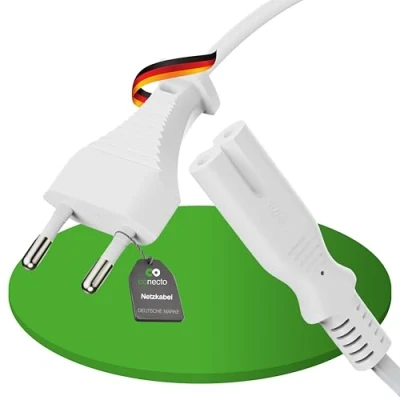 Abbildung von conecto Stromkabel Netzkabel 2 Polig, 1,50m, Eurostecker Netzstecker Typ C auf IEC C7 Buchse Euro 8 Stecker, Netzteil Strom Kabel für Haushaltsgeräte, PS3, PS4, PS5, TV UVM, Weiß