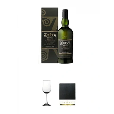 Abbildung von Ardbeg AN OA 46,6 Islay Single Malt Whisky 0,7 Liter + Nosing Gläser Kelchglas Bugatti mit Eichstrich 2cl und 4cl 1 Stück Schiefer Glasuntersetzer eckig ca. 9,5 cm Durchmesser