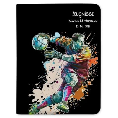 Abbildung von CreaDesign, Kinder Zeugnismappe mit Namen personalisiert, Motiv Fußball Junge Torwart ohne Klarsichthüllen, A4, 24 x 31 1 cm, Rücken schwarz