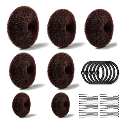 Abbildung von Donut Hair Bun Set,7 Stück Haarknoten(4Größe),mit 10 elastischen Haarband,20 U Form Haarspange Haarnadel,Duttkissen Frisurenhilfe Set,Haarknoten Former(Brown)
