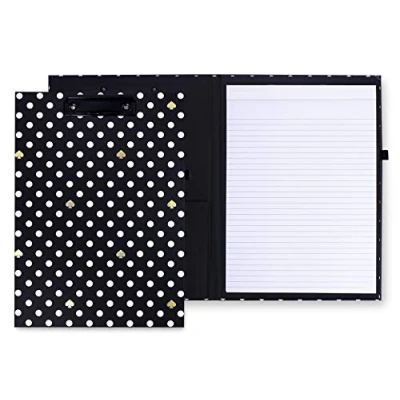 Abbildung von Kate Spade New York A4 Klemmbrett mit flachem Profil Clip, schwarzes professionelles Padfolio liniertem Notizblock, Stiftschlaufe und Tasche, gepunktet