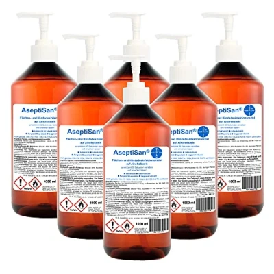 Abbildung von AseptiSan VAH gelistet 6 x 1000 ml mit Dosierpumpe Flächen und Händedesinfektionsmittel Pharmazentral Nr 16613733 HERRLAN Qualität Made in Germany