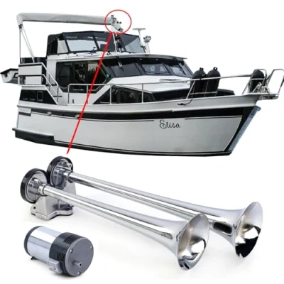 Abbildung von Doppel Druckluft Fanfare Hupe mit 2 Metall Hörnern Chrom + Kompressor 12 Volt