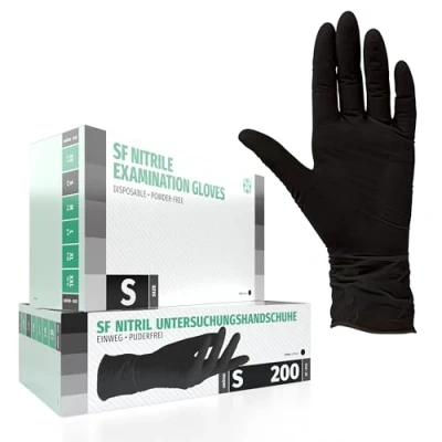 Abbildung von SF Nitrilhandschuhe S Schwarz 200 Stück Einweghandschuhe, Einmalhandschuhe, Puderfrei, Latexfrei, Gummihandschuhe Einweg zum Kochen, Putzen, für Medizin, Küche, Garten, Werkstatt, Tattoo, Haushalt