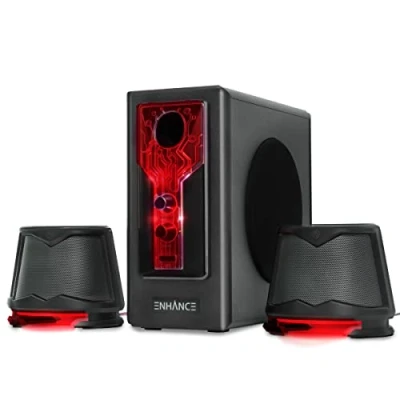 Abbildung von ENHANCE SB 2.1 Computerlautsprecher mit Subwoofer Rot LED Gaming Lautsprecher, High Excursion Soundsystem, AC betrieben, Lautstärke und Bassregelung, Kompatibel PC, Desktop, Laptop