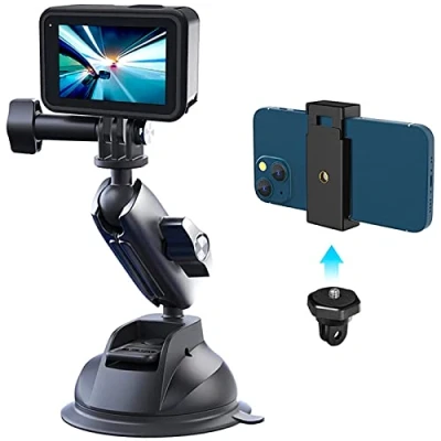 Abbildung von REYGEAK Saugnapf Halterung für Handy, Aluminiumlegierung, Pocket 3 GoPro Hero, Insta360 / DJI, 360 Grad drehbar Intensive Nutzung mit Telefonhalterung und 1/4 Gewinde Kamera Autohalterung