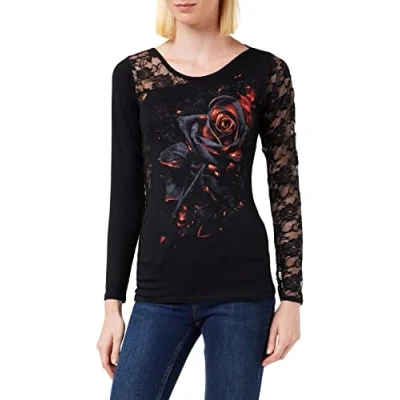 Abbildung von Spiral Burnt Rose One Shoulder Top mit Spitze Schwarz L