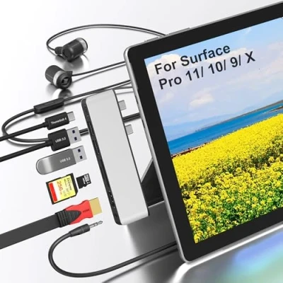 Abbildung von Surface Pro 9 10 11 Docking Station,Surface Zubehör mit 4K HDMI,USB C Thunderbolt 4(8K Video+40G Daten+100W Aufladen),USB 3.0,SD/TF Kartenleser,3,5mm Audio,dreifaches Display für