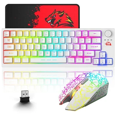 Abbildung von 2.4GHz Tastatur Maus Set Kabellos Beleuchtet RGB LED 64 Tasten 60% Wireless Gaming Tastaturen 4000mAh Kabellose mit 2400 DPI und Mauspad kompatibel ps4/ps5/xbox/pc Weiß