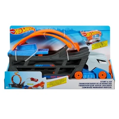 Abbildung von HOT WHEELS, Stunt N Go Transporter und Trackset, Spielzeug ab 4 Jahren, GCK38