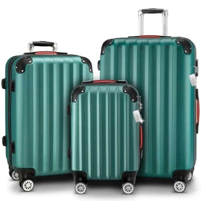 Abbildung von MONZANA® 3tlg. Kofferset, Grün M L XL inkl. Schloss, Organizer &amp; Kofferwaage Gurt Gel Griffe, Zwillingsrollen, Standfüße, Trolley, Reisekoffer, Hartschalenkoffer, Gepäck Set, Trolley Set