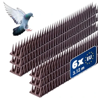 Abbildung von KADAX 6 Stück Vogelabwehr Spikes, Kunststoff, 51x4x3,5 cm, 3 reihig, für Tauben, Katzen, Marder, Zaun, Balkon, Dach, Fensterbank, robust und wetterbeständig, frei zuschneidbar, Braun