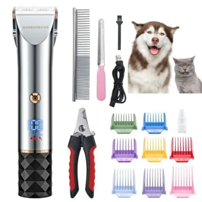 Abbildung von BarberBoss QR 9081 Fellpflege Set für Haustiere, geräuscharm, mit 2 Geschwindigkeitsstufen, Keramikklingen, USB Aufladung, LED Display und 8 Kammaufsätzen