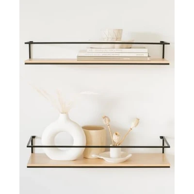 Abbildung von Kazai.® Wandregal Set STENN Hängeregale aus Metall und Echtholz Veneer Schweberegale als Ablage für Bad, Wohnzimmer, Küche, Schlafzimmer mehr Birke