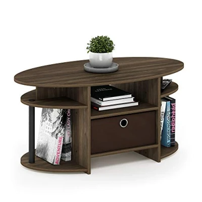 Abbildung von Furinno JAYA Ovaler Couchtisch mit schlichtem Design und Abfalleimer, Columbia Walnuss/Schwarz/Dunkelbraun