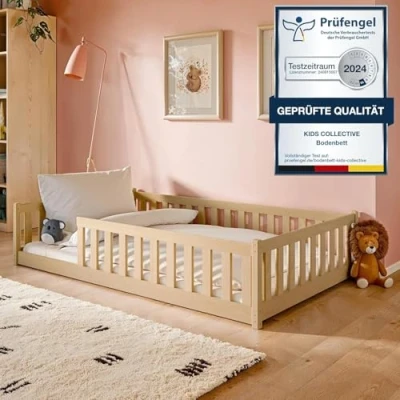 Abbildung von Kids Collective Kinderbett Bodenbett Bett mit Rausfallschutz &amp; Lattenrost Montessori Kinder (Jungen, Mädchen, Kinder, weitere Größen 80x160, 90x200, 140x200 cm), Gitterbett Jugendbett natur Holz massiv Junge Mädchen 120x200cm