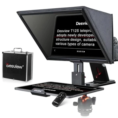 Abbildung von Desview T12S Teleprompter aus Aluminiumlegierung, 12,9 Zoll Hochauflösendes Display mit Fernbedienung APP Kompatibel iPad, Tablet, Smartphone, iOS Android für DSLR Kamera